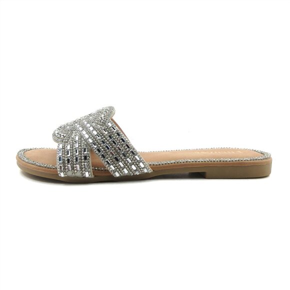 Lurnyet Women's Comfort Cushion Crystal Rhinestone Slide Flat Slip-On Sandals - Picture 4 of 6